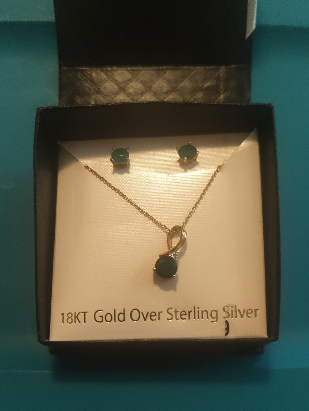 18KT Gold Over Sterling Silver Green Stone Necklace & Earring Set